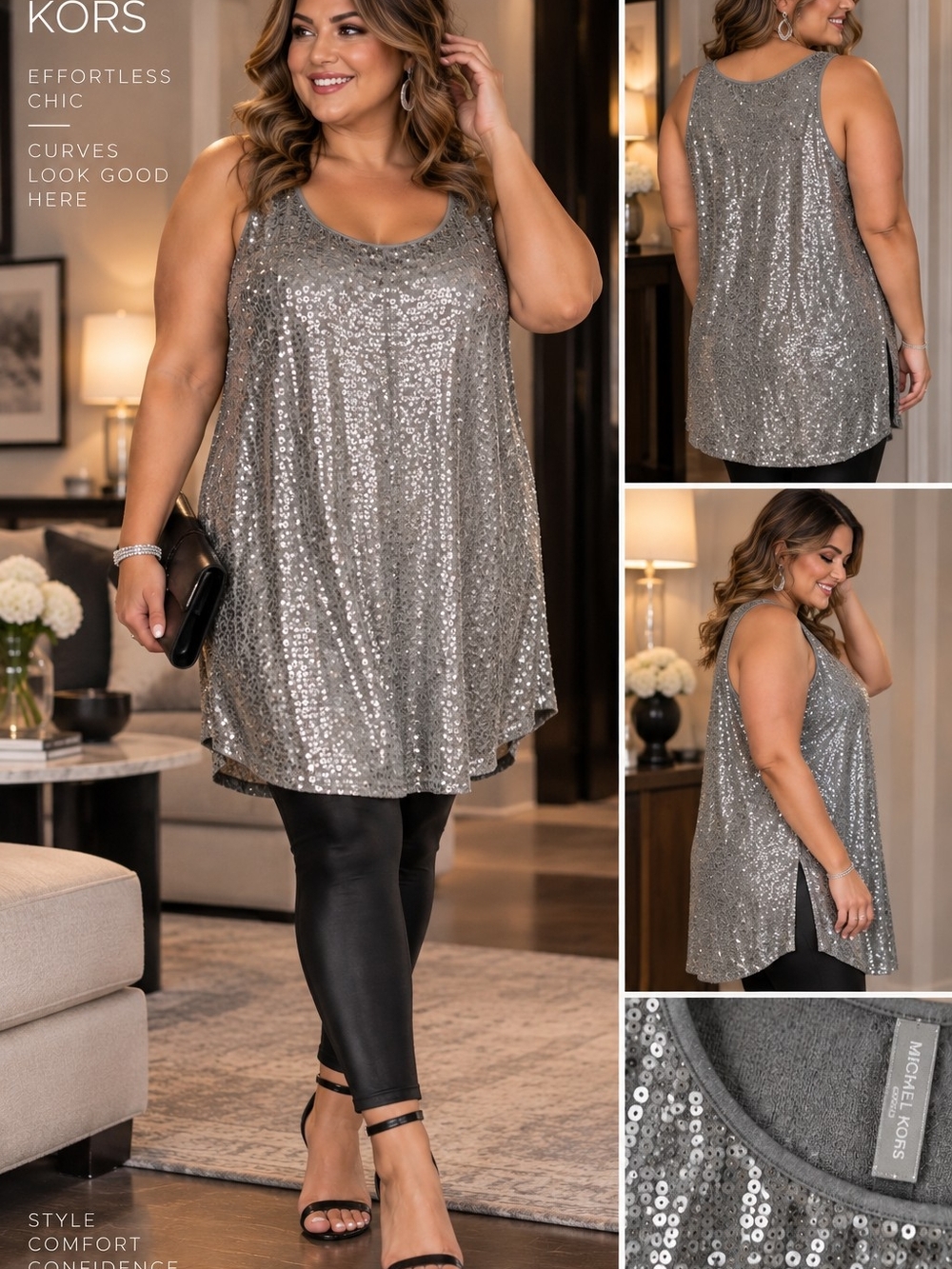 Michael Kors Plus Silver Sequin Scoop Neck Tank Top